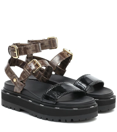 Fendi Logo-print Coated-canvas And Patent-leather Platform Sandals In Black