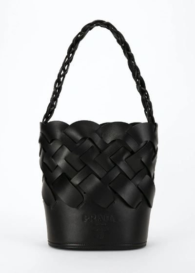 Prada Vitello Intreccio Bucket Bag In Black