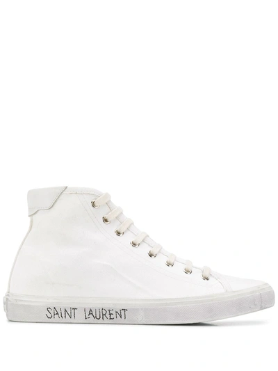 Saint Laurent Malibu Leather-trimmed Distressed Cotton-canvas High-top Sneakers In Blanc