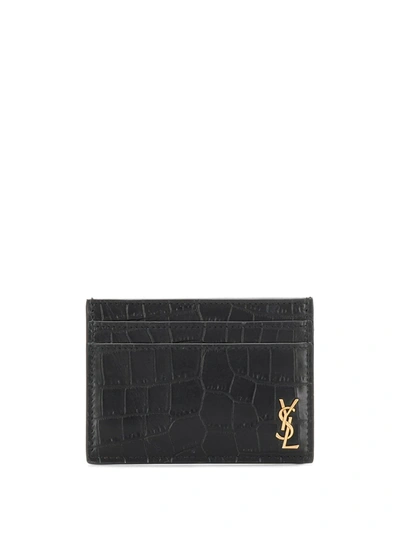 Saint Laurent Men's Ysl Monogram Croc-embossed Card Case In Black