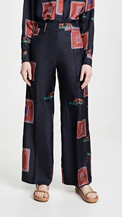 Victoria Beckham Horse Print Flared Trousers In Navy/bordeaux