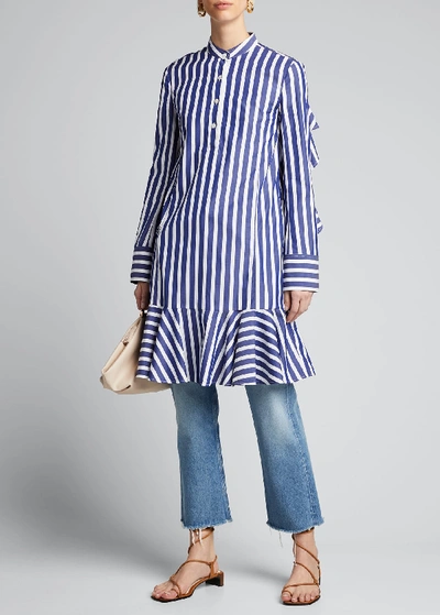 Adeam Ruffle-back Striped Poplin Shift Dress In Blue/white