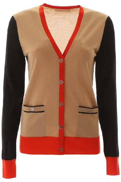 Tory Burch Madeline Wool V-neck Button-front Cardigan W/ Contrast Trim In Beige,orange,blue