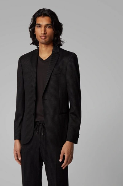 Hugo Boss Slim-fit Striped Jacket In Traceable Virgin Wool In Black