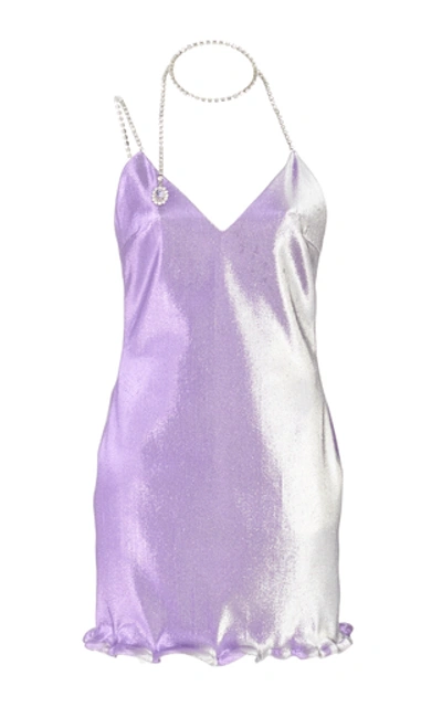 Area Stretch Lamé Crystal Choker Mini Dress In Purple