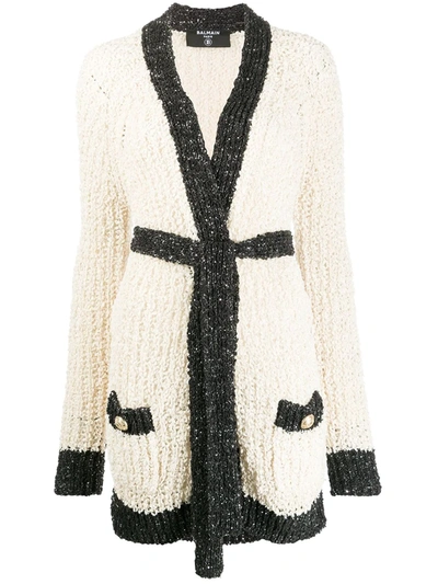 Balmain Sequin Detail Open Knit Cardi-coat In Neutrals