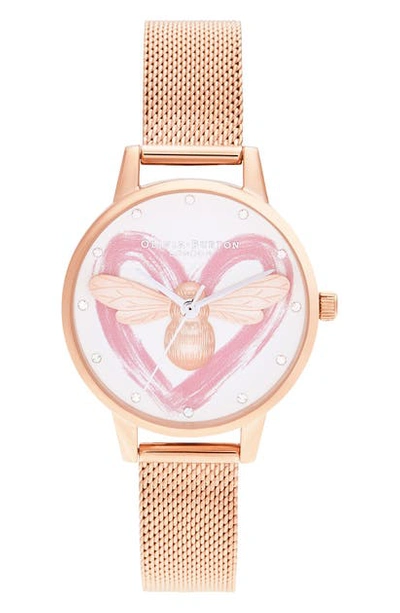 Olivia Burton You Have My Heart Mesh Strap Watch, 30mm In Rosegld/wht Bee Stone/rosegld