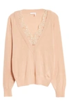 Chloé Women's Wool-blend Lace Detail V-neck Knit Sweater In Milky Pink