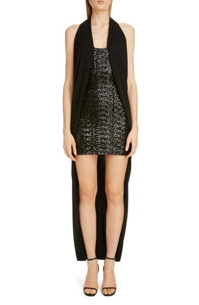 Balmain Sequined Crepe Halter-neck High-low Dress In Noir