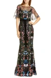 MARCHESA NOTTE FLORAL TULLE OVERLAY TRUMPET GOWN,N37G1127