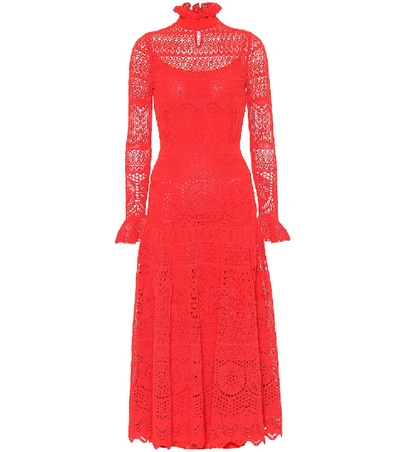 Alexander Mcqueen Ruffled Crocheted Cotton-blend Lace Maxi Dress In Lust Red