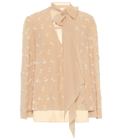 Chloé Pussy-bow Guipure Lace-embroidered Silk Blouse In Light Sand