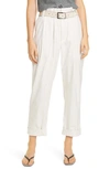 BRUNELLO CUCINELLI PLEATED PINSTRIPE STRETCH COTTON & LINEN ANKLE PANTS,MH145P7179-201