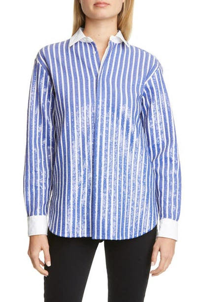 Polo Ralph Lauren Sequin Stripe Long Sleeve Blouse In Blue/ White