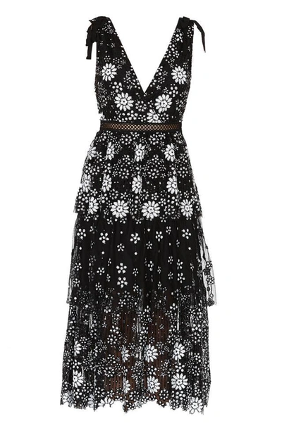 Self-portrait Tiered Crochet And Grosgrain-trimmed Sequined Tulle Midi Dress In Black