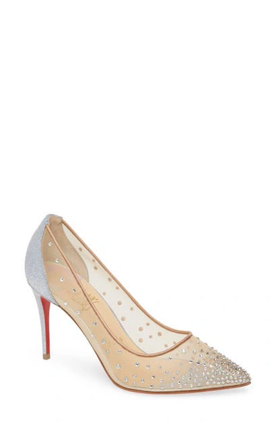 Christian Louboutin Follies 85 Crystal-embellished Mesh And Glittered-leather Pumps In Silver