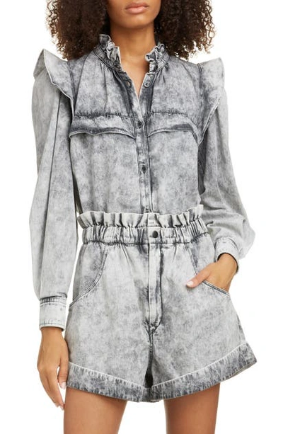 Isabel Marant Étoile Idety Oversized Ruffled Acid-wash Denim Shirt In Faded Black