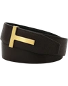 Tom Ford Black Calfskin Leather Belt With Gold T Buckle In Black