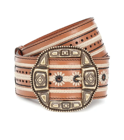 Etro Embroidered Leather Waist Belt In Brown