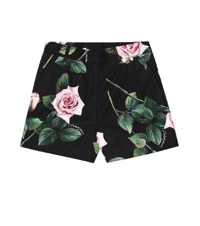 Dolce & Gabbana Kids' Rose Print Cotton Poplin Shorts In Black