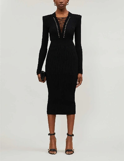 Balmain Lace-up Long Sleeve Midi Sweater Dress In Black