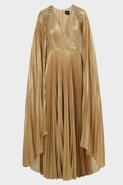 Marchesa Notte Cape-sleeve Pleated Chiffon Gown, Us4 In Y Gold