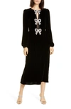 SALONI CAMILLE EMBELLISHED BOW LONG SLEEVE VELVET MIDI DRESS,10327