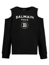 Balmain Kids' Girl's Logo Cold-shoulder Cotton Sweater In Black