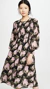 Wayf Crushed Smocked Bodice Midi Dress In Black Roses