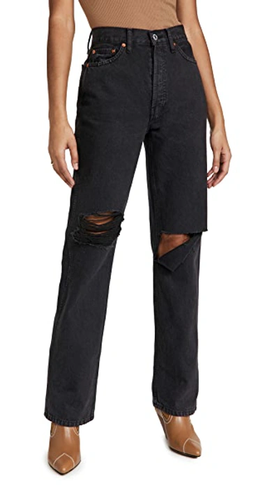 RE/DONE HIGH RISE RIGID LOOSE JEAN WASHED BLACK WITH RIPS,REDON30352