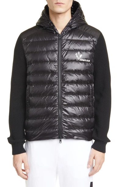 Moncler Slim-fit Panelled Waffle-knit Cotton And Quilted Shell Down Zip-up Sweater In Black
