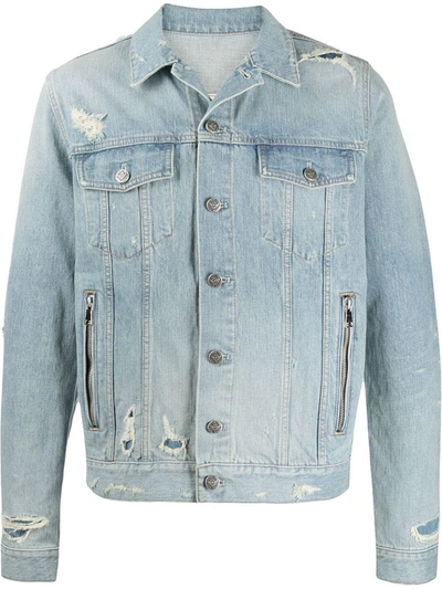 Balmain Embossed Destroyed Cotton Denim Jacket In Light Blue