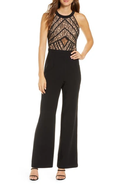 Adelyn Rae Tay Lace Bodice Wide Leg Jumpsuit In Black-nude