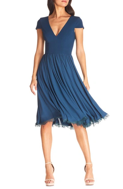 Dress The Population Corey Deep V-neck Lace Trim Midi Dress In Blue
