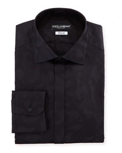 Dolce & Gabbana Men's Baroque Jacquard Hidden-button Dress Shirt In Black