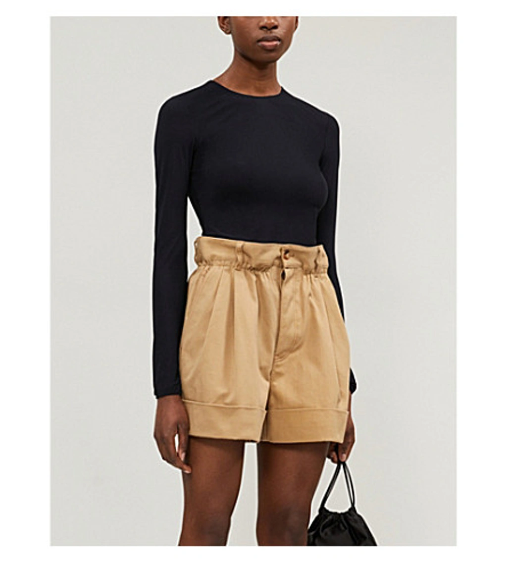 Miu Miu Paper-bag Waistband High-rise Denim Shorts In Miele ModeSens