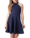 Un Deux Trois Girl's Halter Keyhole-back Dress In Navy