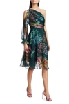 MARCHESA NOTTE ONE SHOULDER FLORAL DRESS,MN19M1087-6