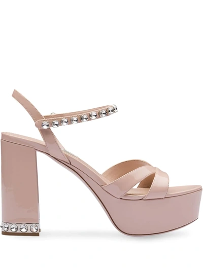 Miu Miu Crystal-embellished Patent-leather Platform Sandals In Neutral