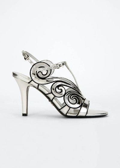 Prada 90mm Metallic Art Deco Cage Sandals In Silver
