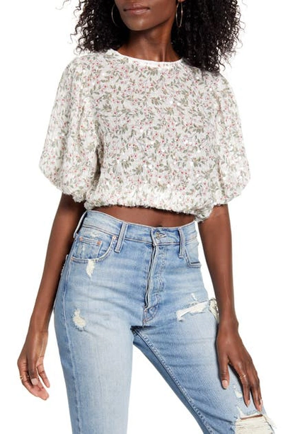 English Factory Floral & Sequin Puff Sleeve Top In White