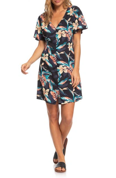 Roxy Juniors' Damage Love Floral-print Dress In Anthracite Tropicoco