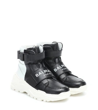 Balmain Kids' Leather High-top Trainers In Black