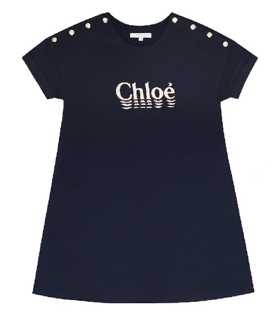 Chloé Kids' Logo Print Cotton Blend Sweater Dress In Blue