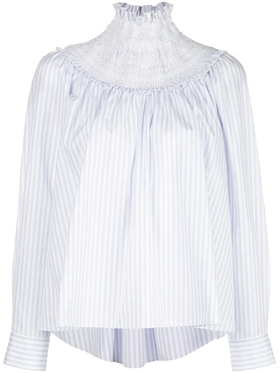 Adam Lippes Smocked Neck Top In Striped Cotton In Light Blue/white