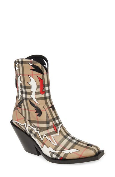 Burberry Topstitch Appliqué Vintage Check Cowboy Boots In Beige