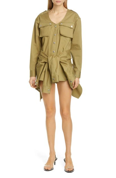 Alexander Wang Distressed Tie-front Cotton-twill Playsuit In Olive/army