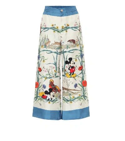 Gucci + Disney Cropped Printed Silk-twill Wide-leg Trousers In Blue