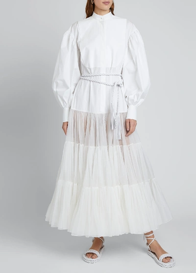 Valentino Long Puff-sleeve Techno Cotton & Tulle Dress In White