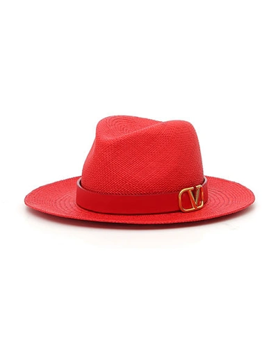 Valentino Garavani Vlogo Straw Fedora Hat In Rouge Pur